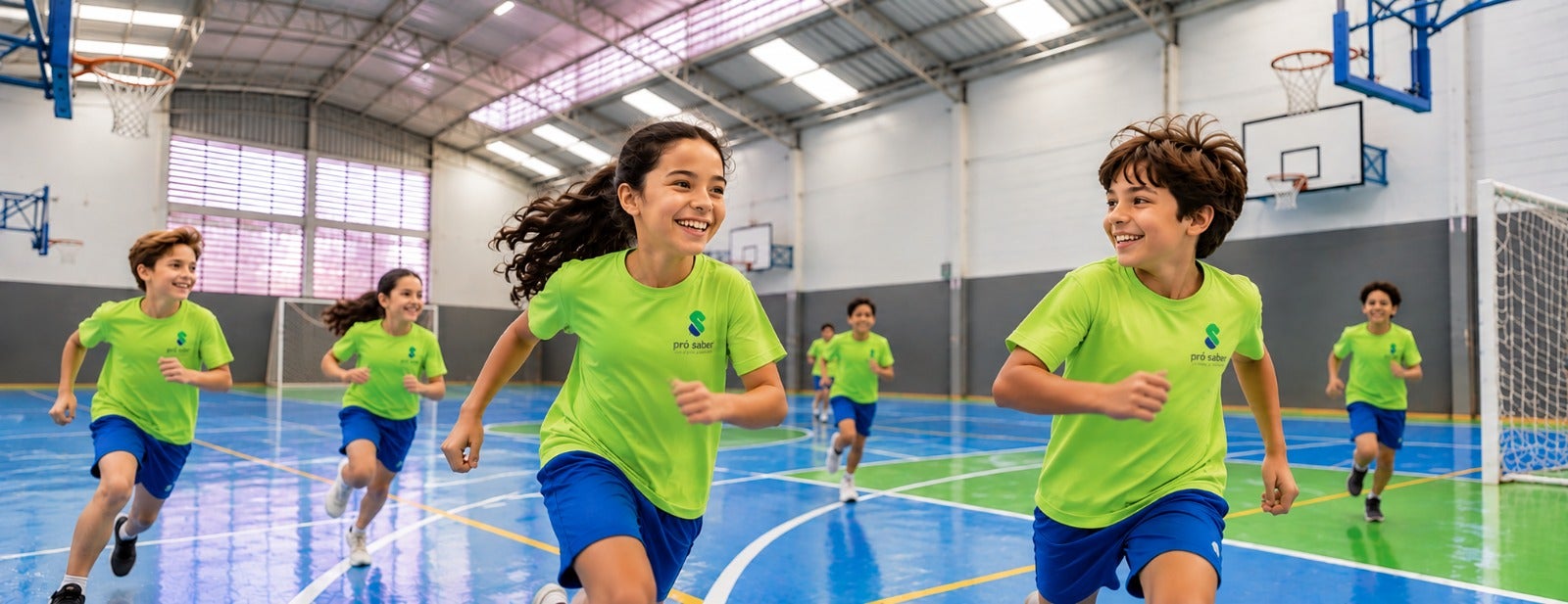 Alunos em atividade esportiva na quadra coberta do Colégio Pró Saber