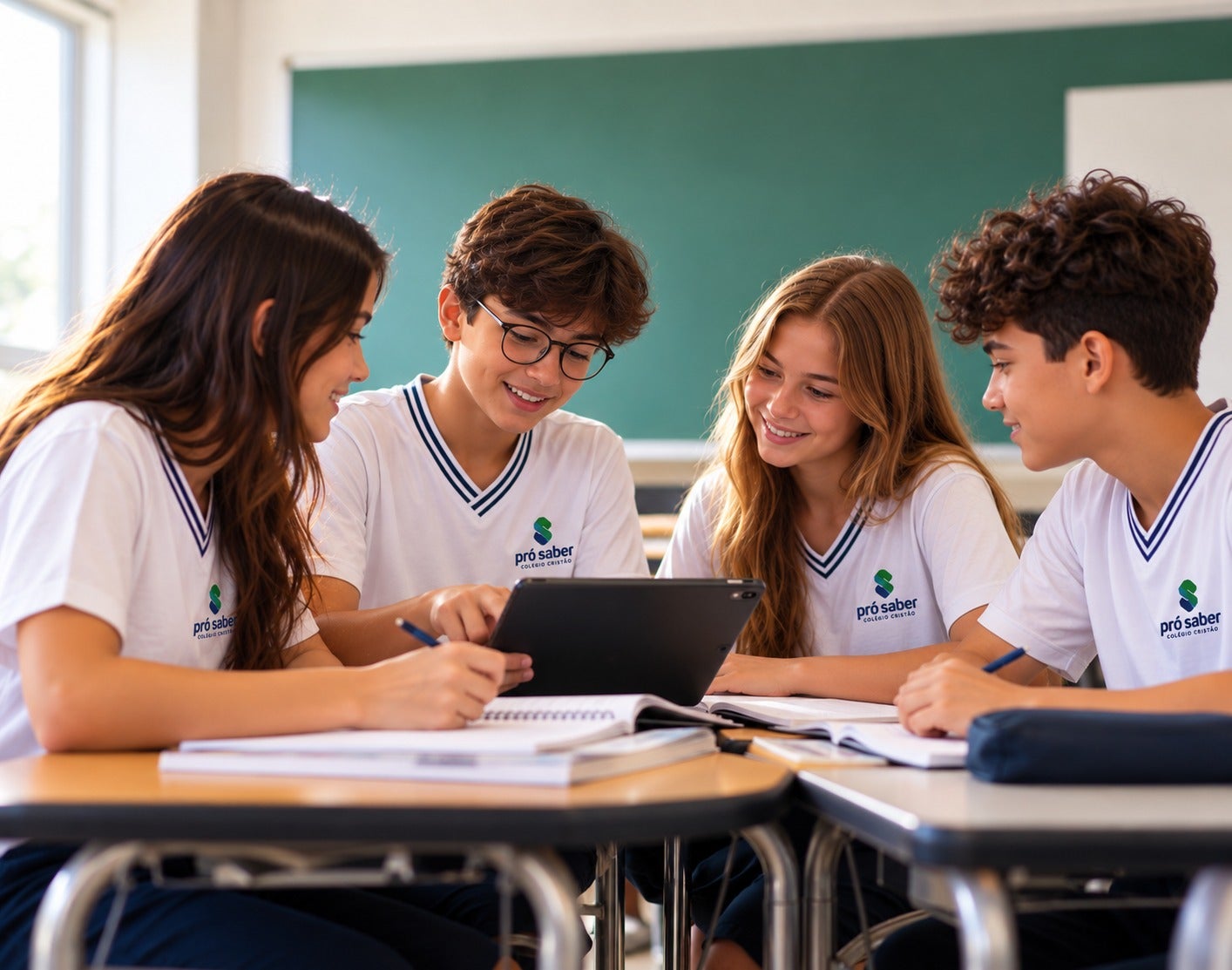 Alunos dos Anos Finais do Pró Saber estudando em grupo com um tablet
