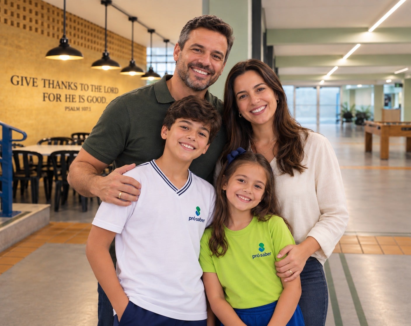 Família com alunos do Colégio Pró Saber no hall de entrada da escola